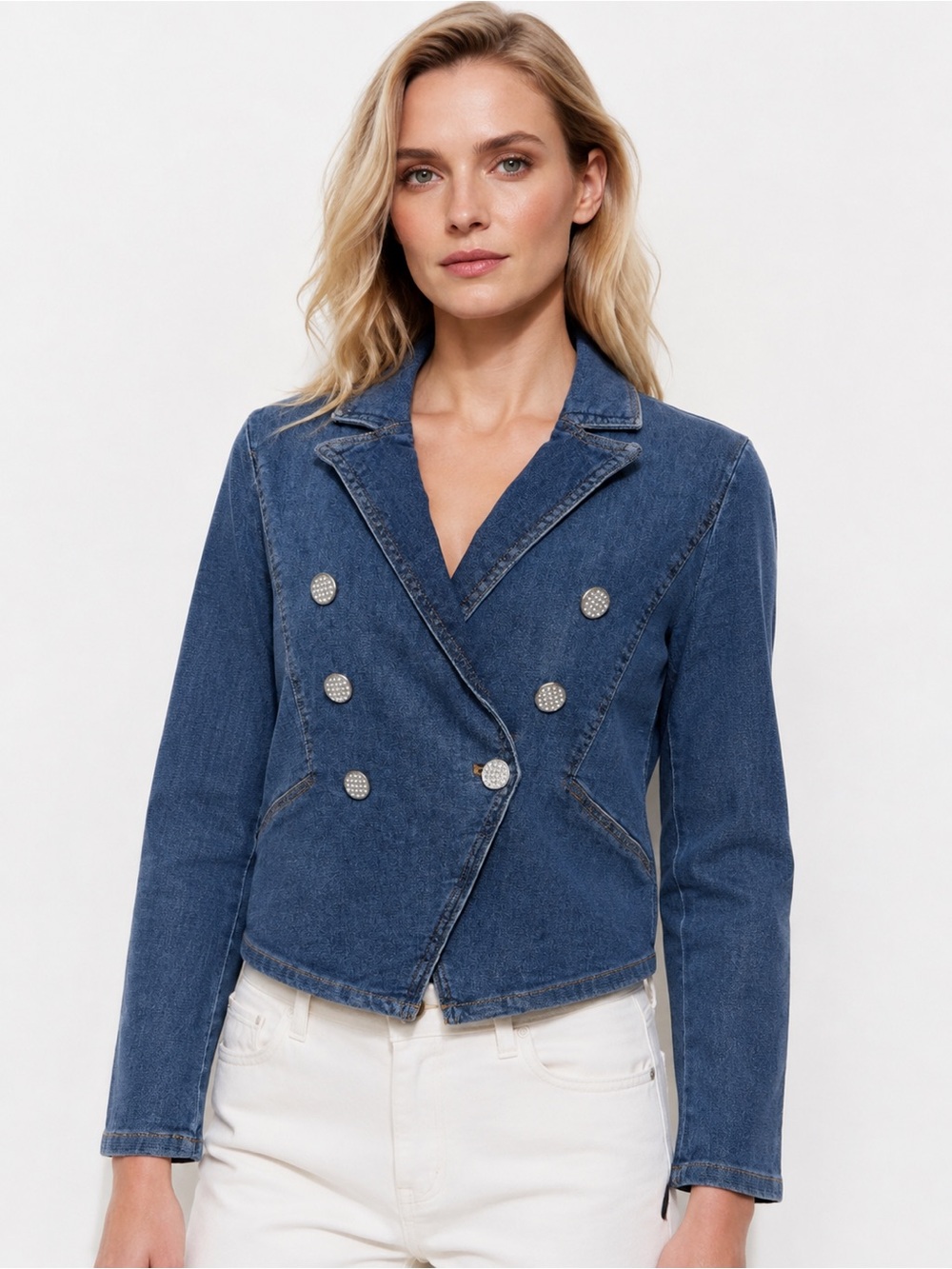 KARL LAGERFELD PARIS Double Breasted Denim Blazer Rhinestone Buttons Blue 8 NEW